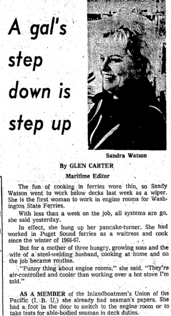 Newspaper clipping headlined "A gal's step down is step up" about Sandra Watson's career change from waitress and cook to wiper